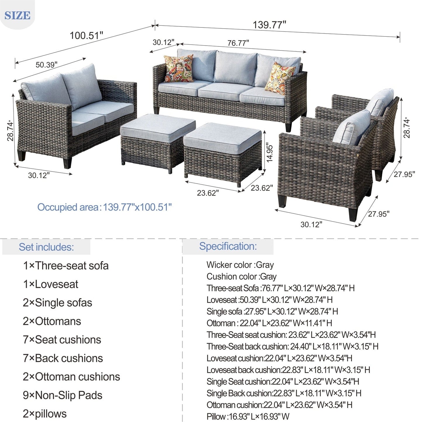 Set da conversazione con divano a due posti in vimini da giardino OVIOS da 6 pezzi