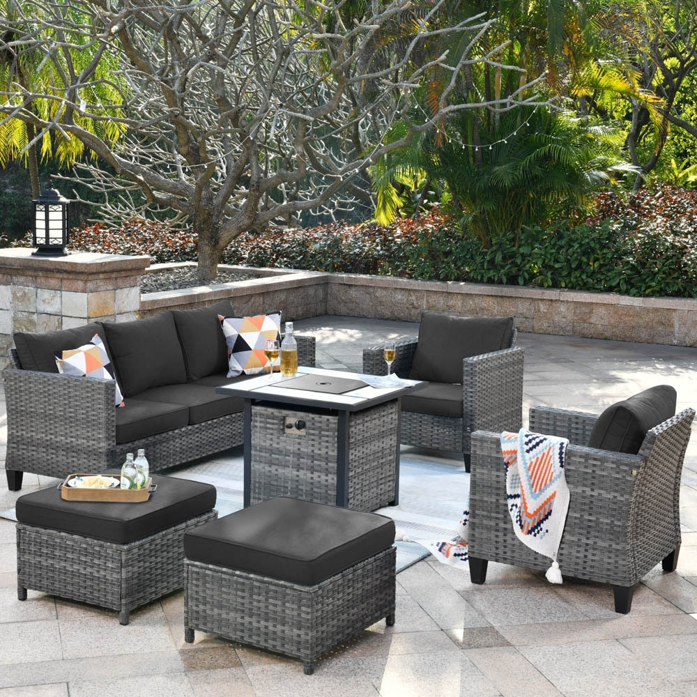 Set da conversazione in vimini per esterni OVIOS da 6 pezzi con braciere da 30 cm