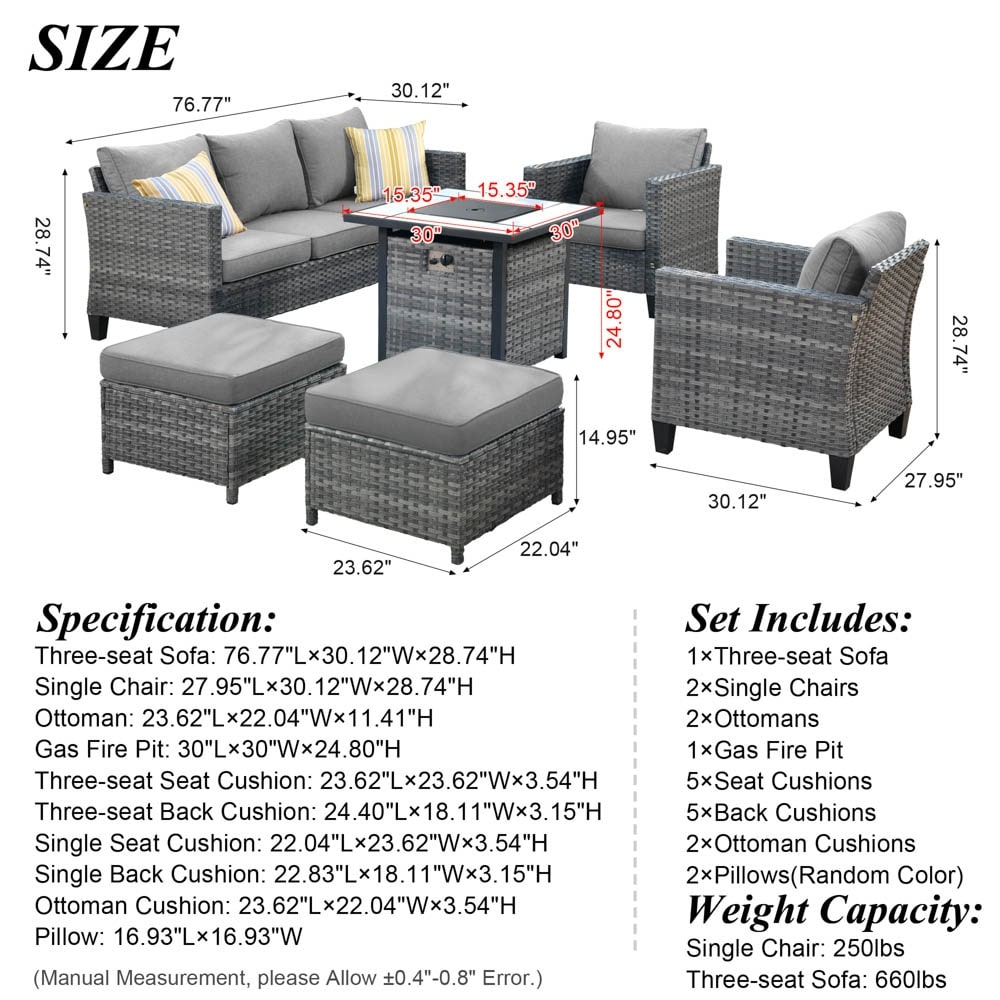 Set da conversazione in vimini per esterni OVIOS da 6 pezzi con braciere da 30 cm