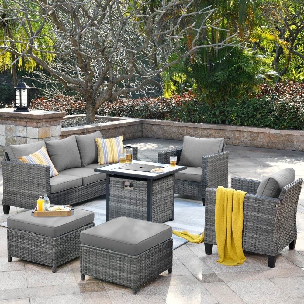 Set da conversazione in vimini per esterni OVIOS da 6 pezzi con braciere da 30 cm