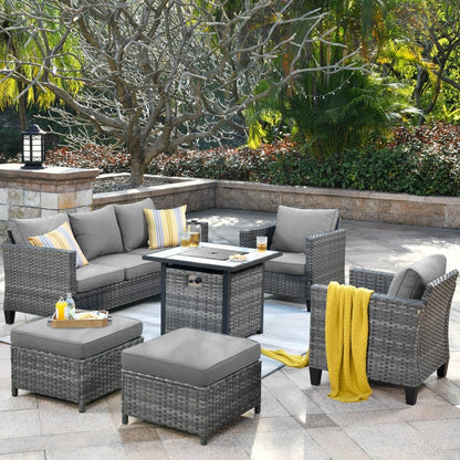 Set da conversazione in vimini per esterni OVIOS da 6 pezzi con braciere da 30 cm