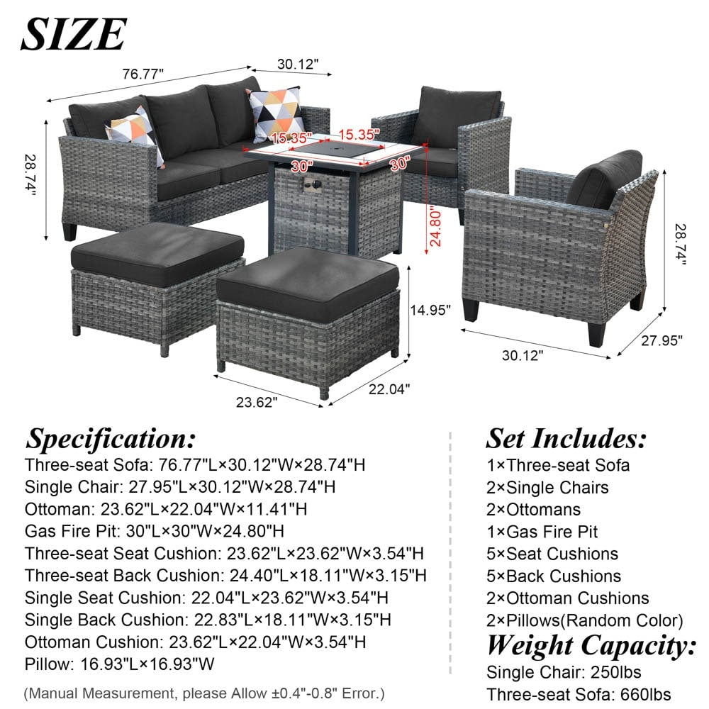 Set da conversazione in vimini per esterni OVIOS da 6 pezzi con braciere da 30 cm