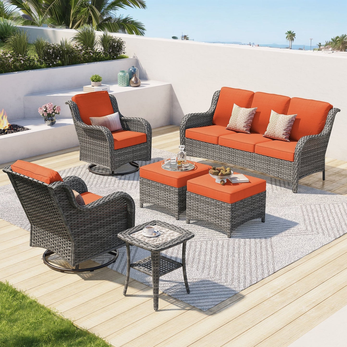 Set da conversazione in vimini da giardino OVIOS da 6 pezzi con sedie girevoli