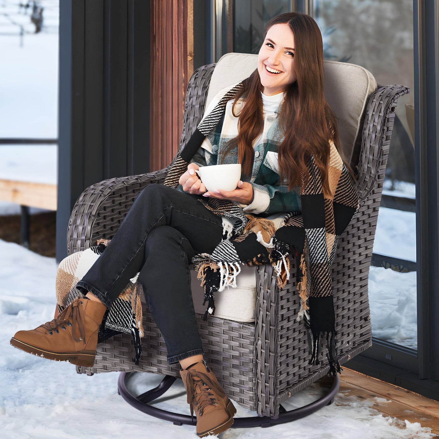 Set da conversazione in vimini da giardino OVIOS da 6 pezzi con sedie girevoli