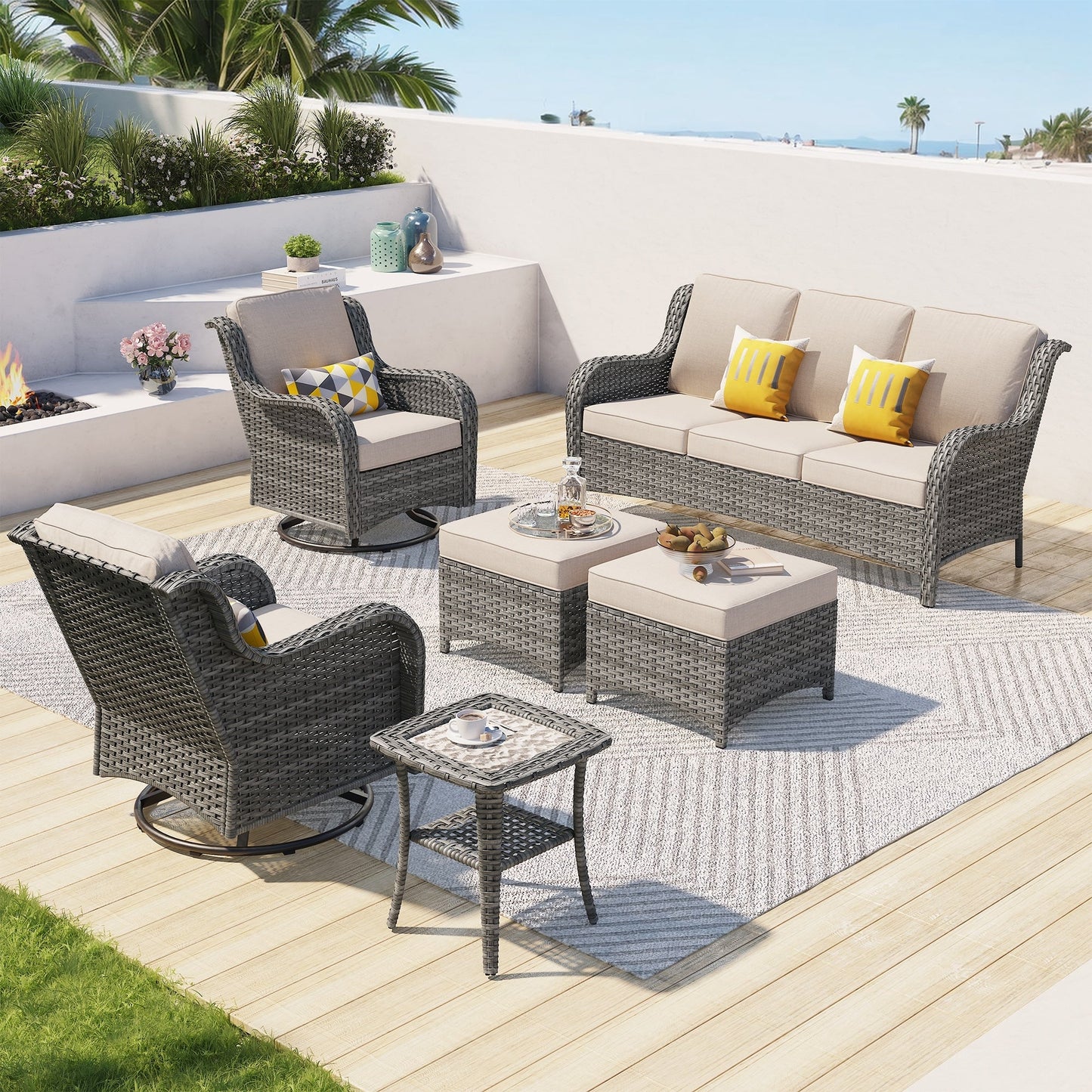 Set da conversazione in vimini da giardino OVIOS da 6 pezzi con sedie girevoli