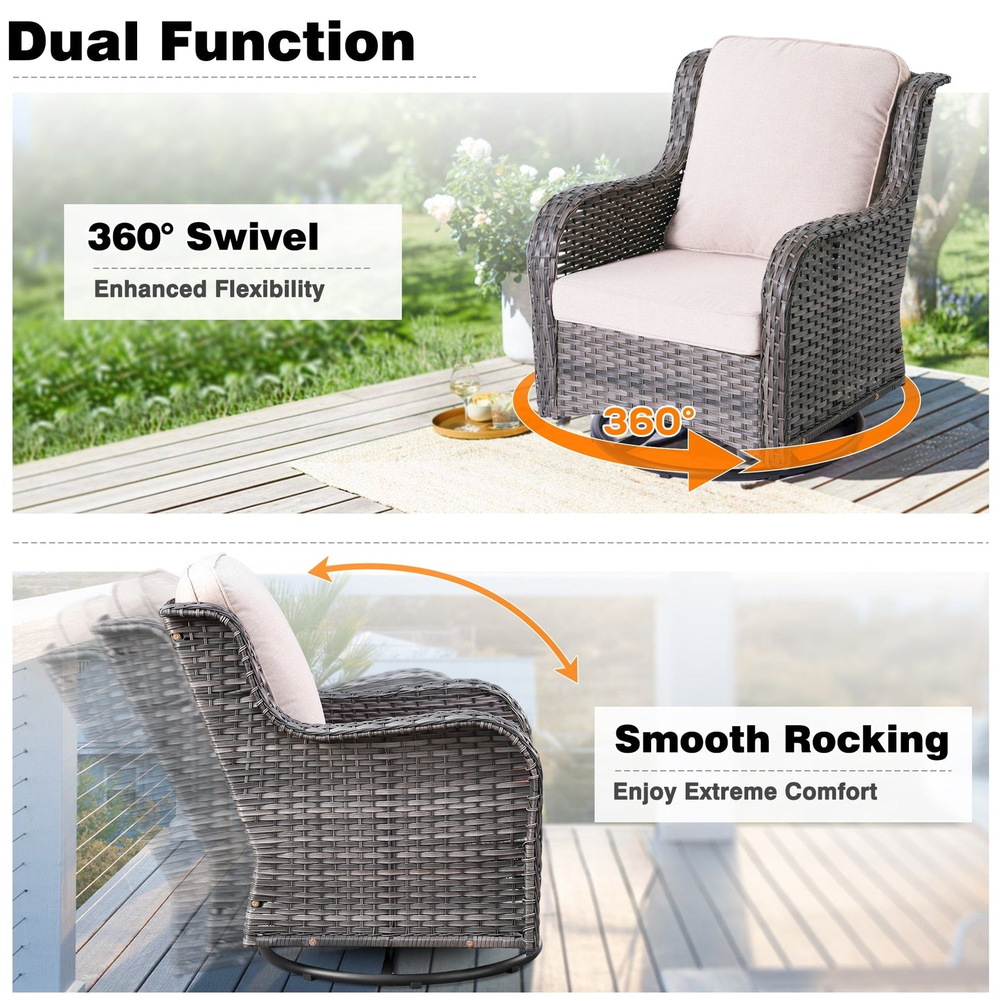 Set da conversazione in vimini da giardino OVIOS da 6 pezzi con sedie girevoli