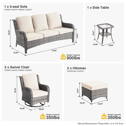 Set da conversazione in vimini da giardino OVIOS da 6 pezzi con sedie girevoli