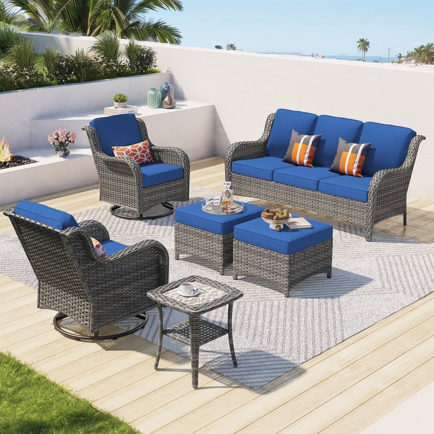 Set da conversazione in vimini da giardino OVIOS da 6 pezzi con sedie girevoli