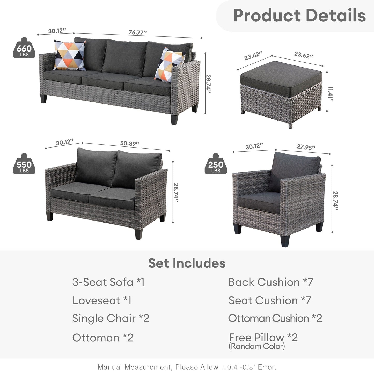 Set da conversazione con divano a due posti in vimini da giardino OVIOS da 6 pezzi