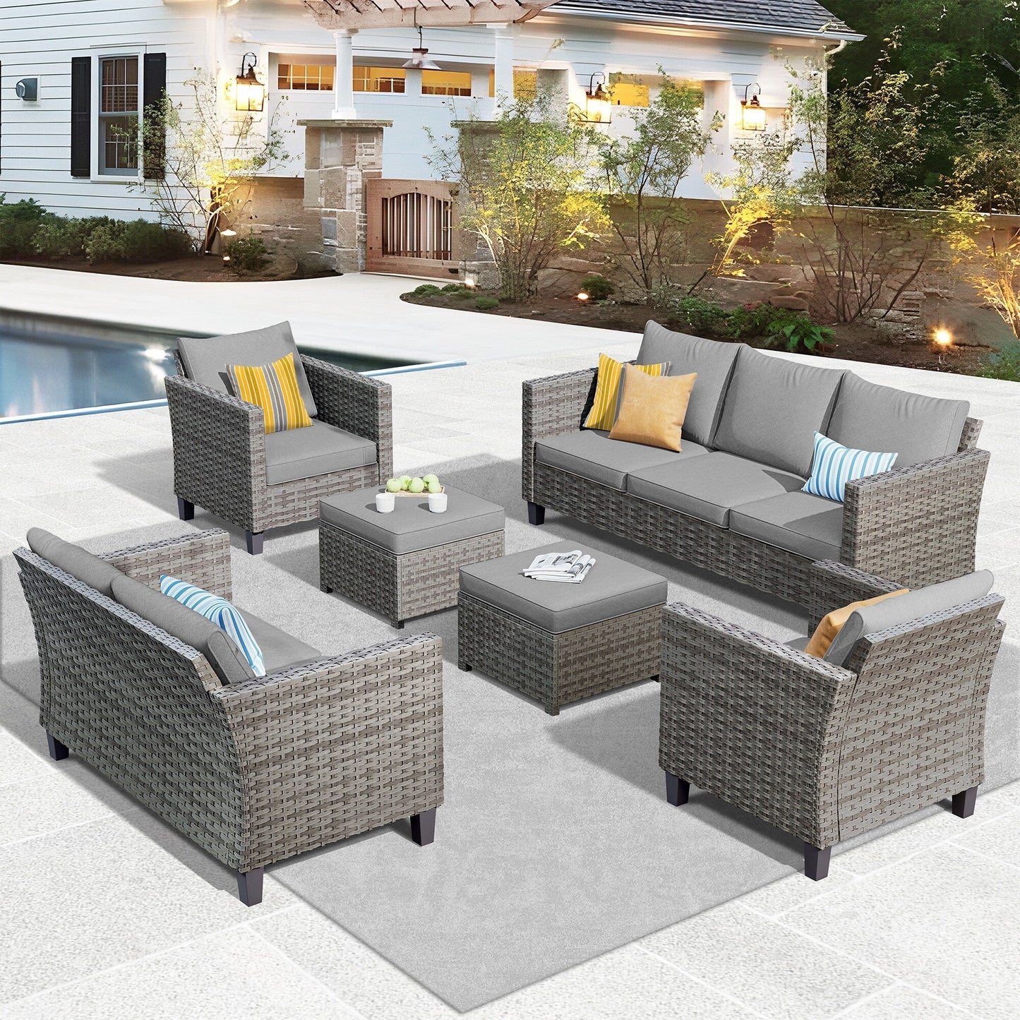 Set da conversazione con divano a due posti in vimini da giardino OVIOS da 6 pezzi