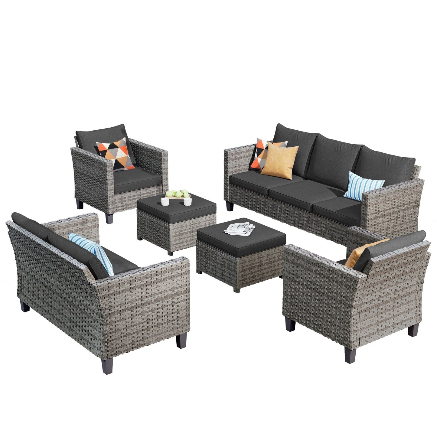 Set da conversazione con divano a due posti in vimini da giardino OVIOS da 6 pezzi