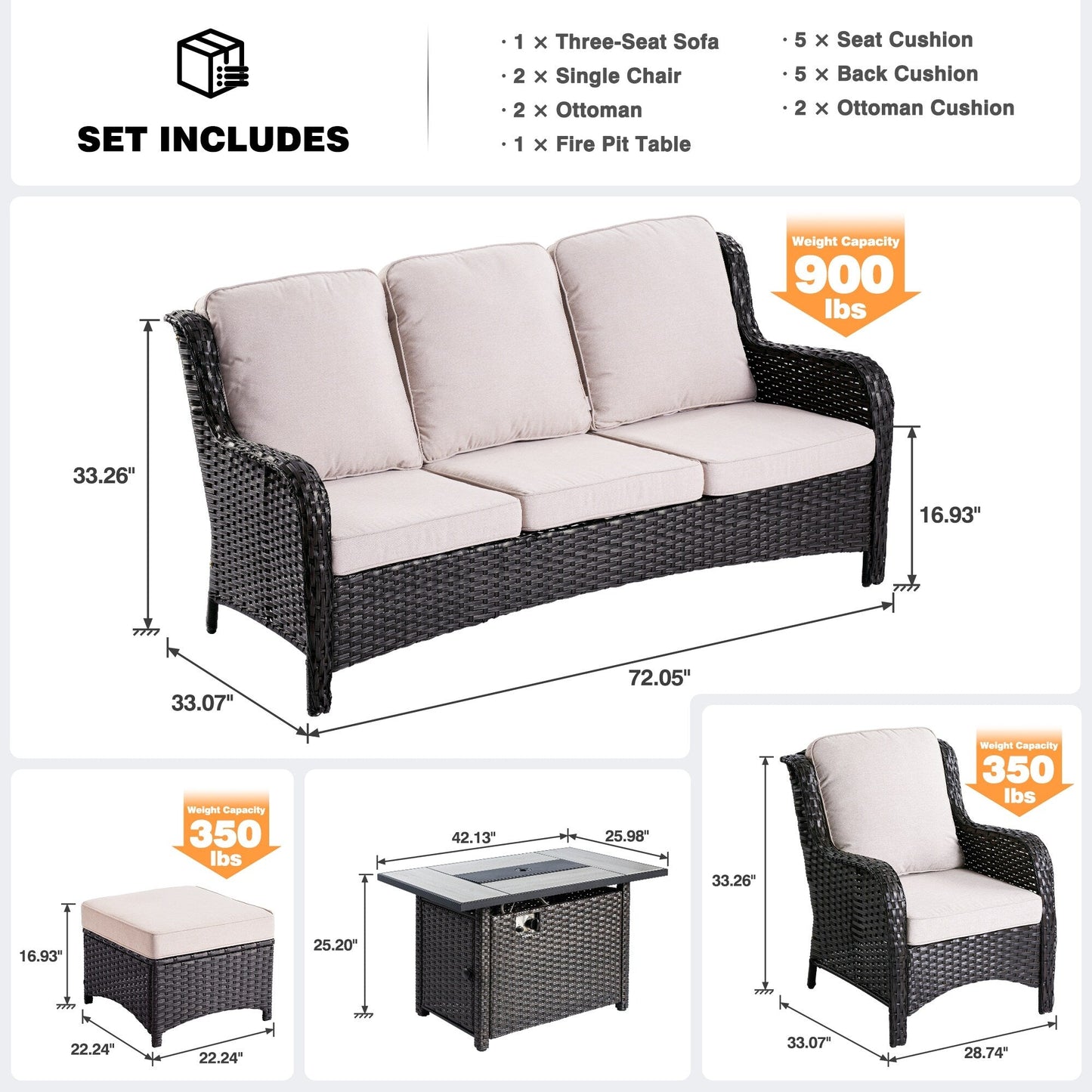 Set di mobili da giardino in vimini OVIOS da 6 pezzi con tavolo da fuoco da 42 pollici