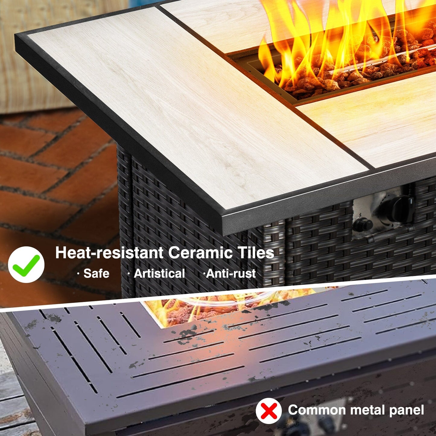 Set di mobili da giardino in vimini OVIOS da 6 pezzi con tavolo da fuoco da 42 pollici