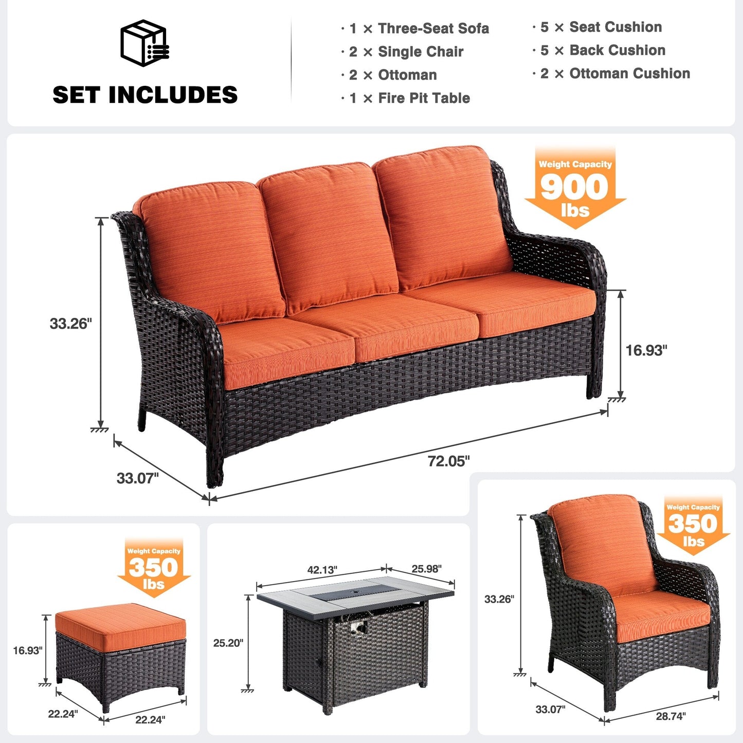 Set di mobili da giardino in vimini OVIOS da 6 pezzi con tavolo da fuoco da 42 pollici