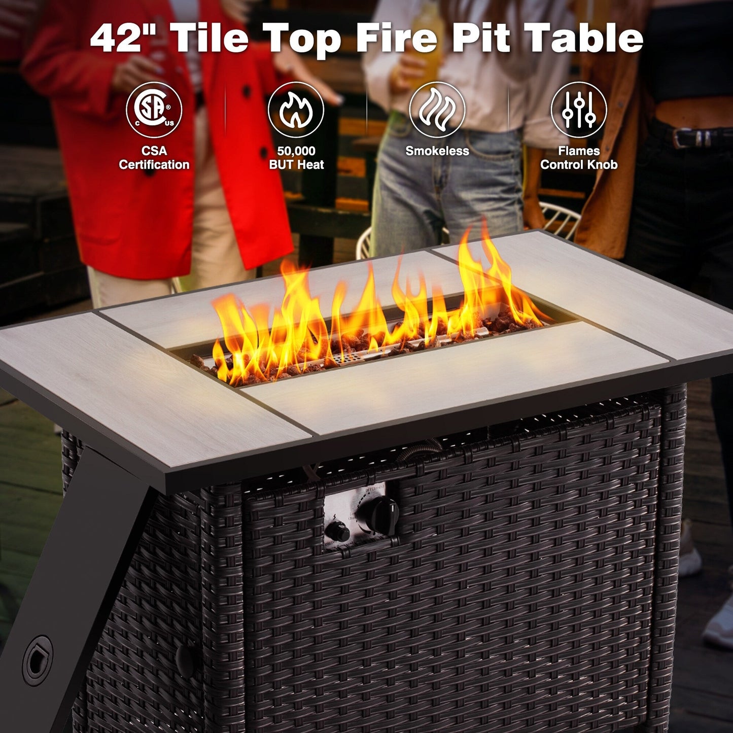 Set di mobili da giardino in vimini OVIOS da 6 pezzi con tavolo da fuoco da 42 pollici