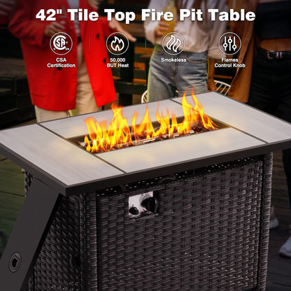 Set di mobili da giardino in vimini OVIOS da 6 pezzi con tavolo da fuoco da 42 pollici