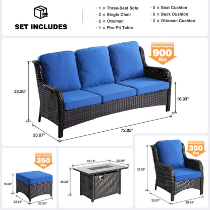 Set di mobili da giardino in vimini OVIOS da 6 pezzi con tavolo da fuoco da 42 pollici