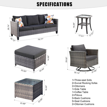 Set di mobili da giardino in vimini OVIOS da 7 pezzi con sedie a dondolo girevoli