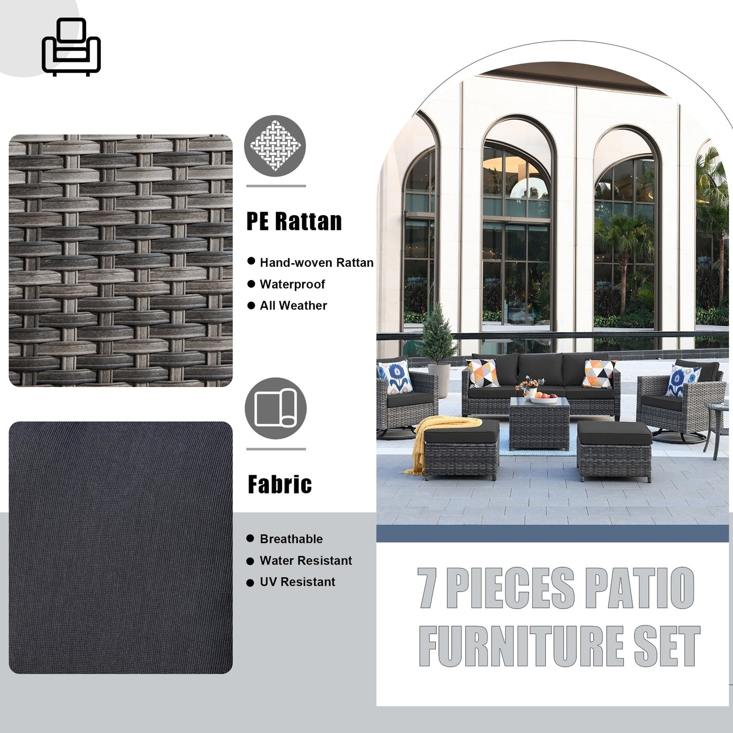 Set di mobili da giardino in vimini OVIOS da 7 pezzi con sedie a dondolo girevoli