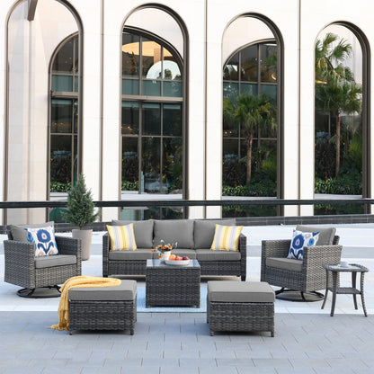 Set di mobili da giardino in vimini OVIOS da 7 pezzi con sedie a dondolo girevoli