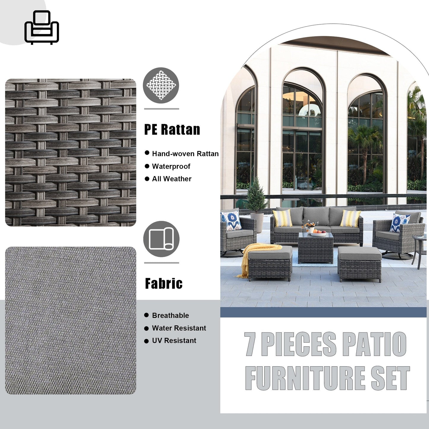 Set di mobili da giardino in vimini OVIOS da 7 pezzi con sedie a dondolo girevoli