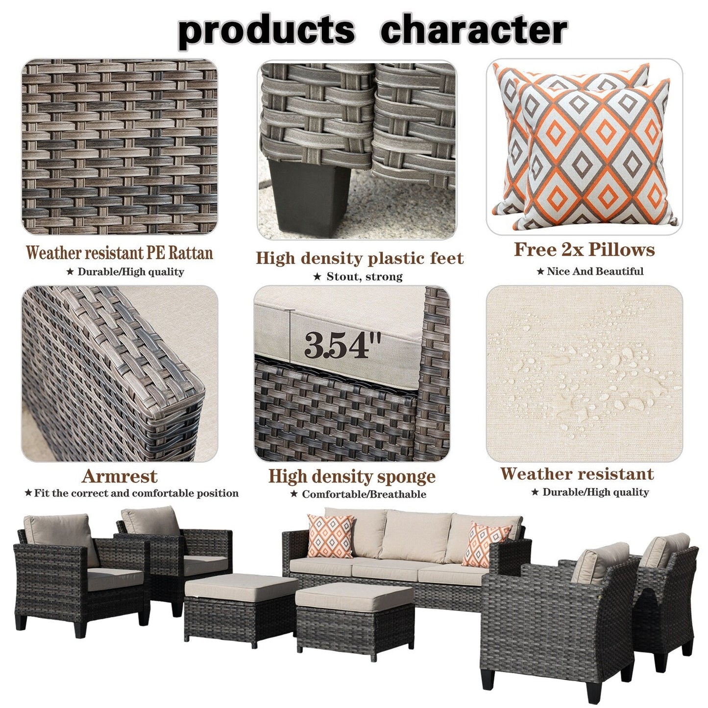 Set da conversazione in vimini per esterni OVIOS da 7 pezzi