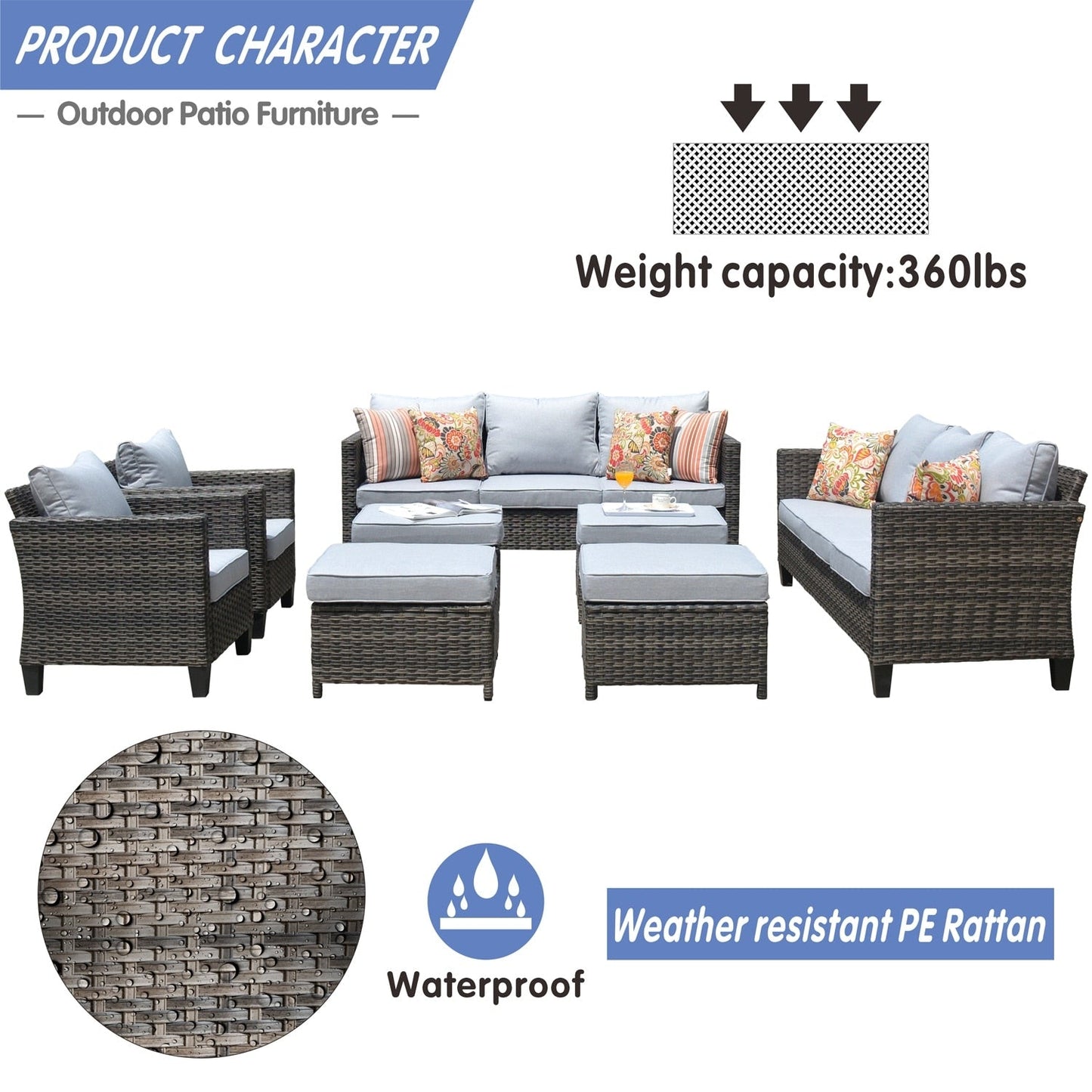 Set di mobili componibili da esterno con schienale alto in vimini da 8 pezzi OVIOS