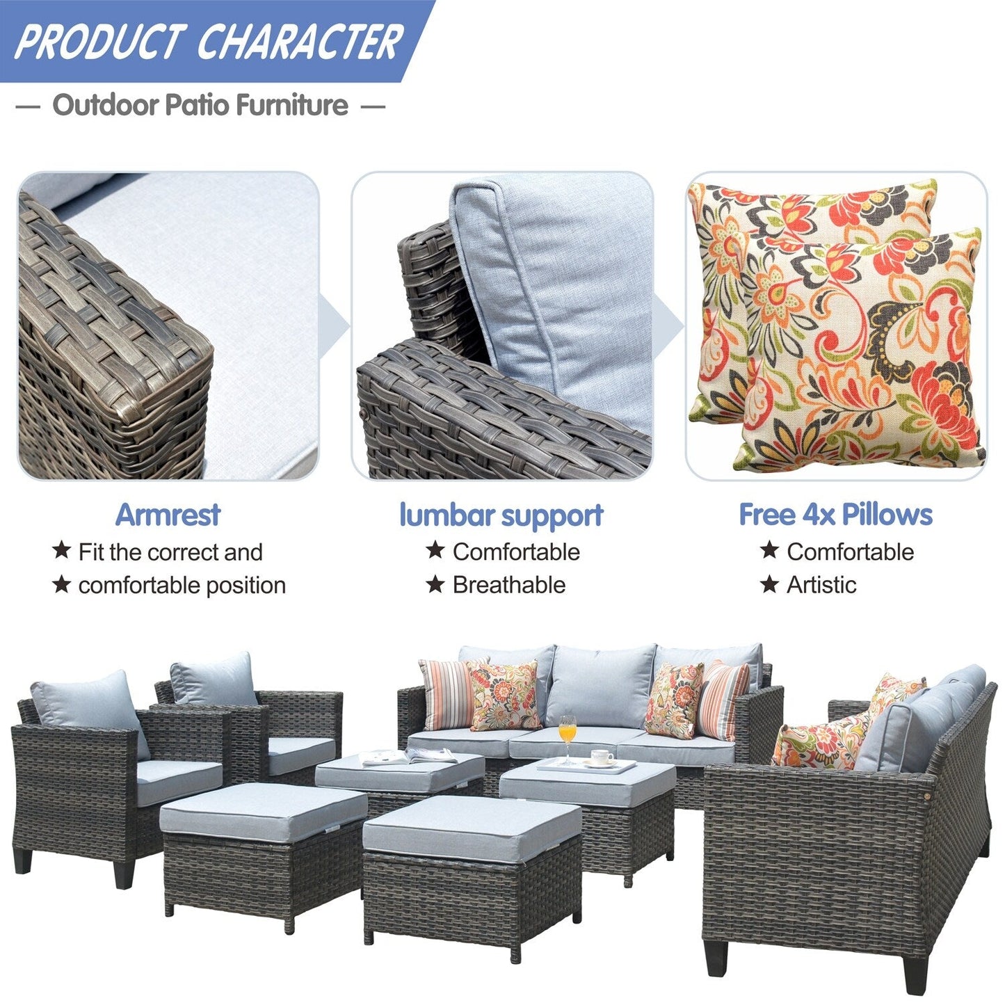 Set di mobili componibili da esterno con schienale alto in vimini da 8 pezzi OVIOS