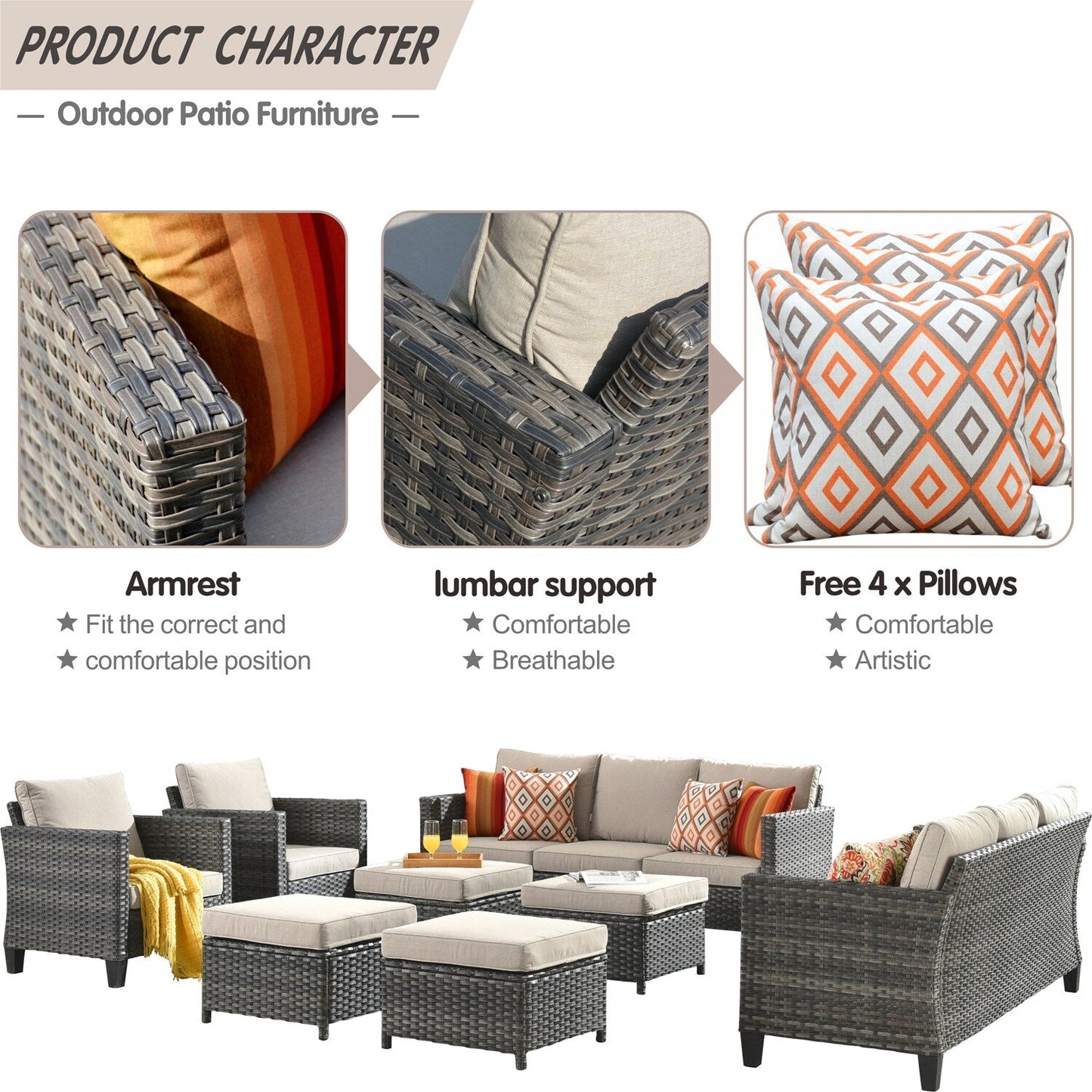 Set di mobili componibili da esterno con schienale alto in vimini da 8 pezzi OVIOS