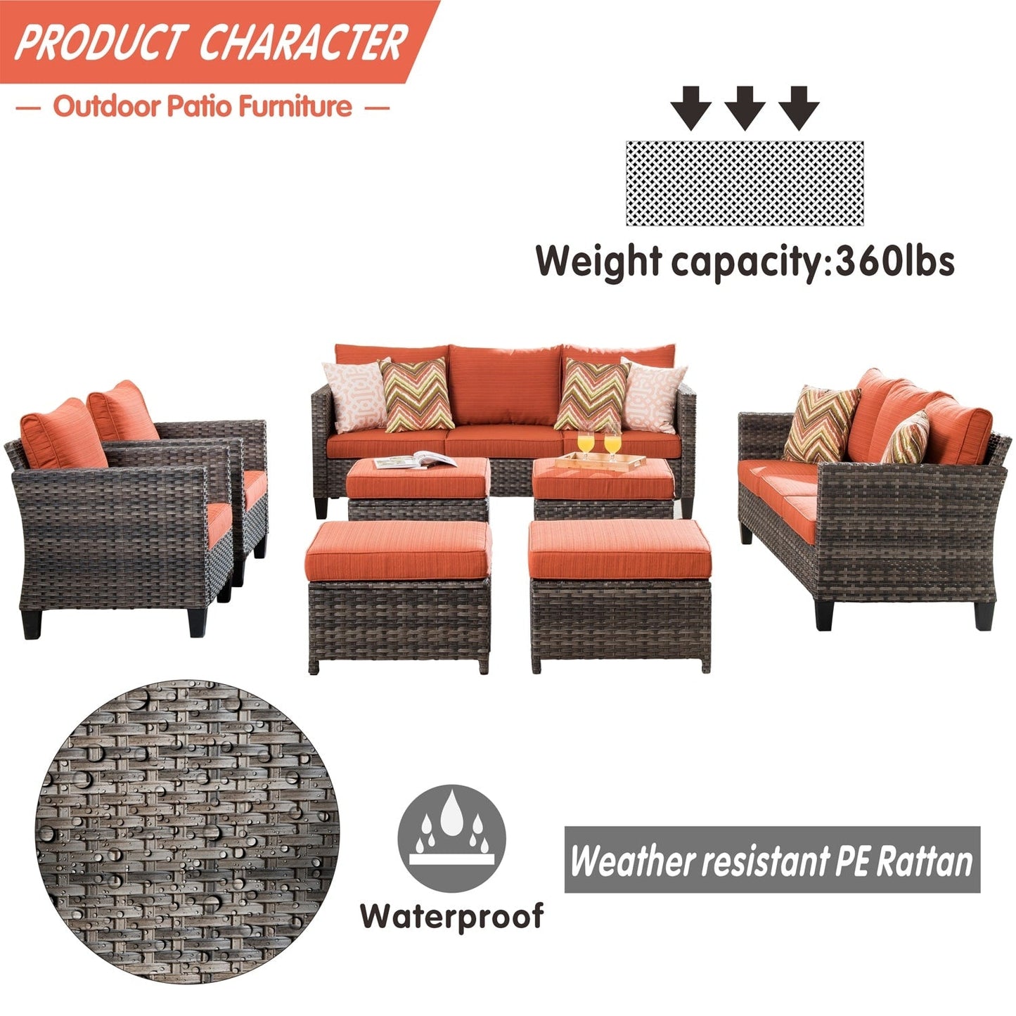 Set di mobili componibili da esterno con schienale alto in vimini da 8 pezzi OVIOS