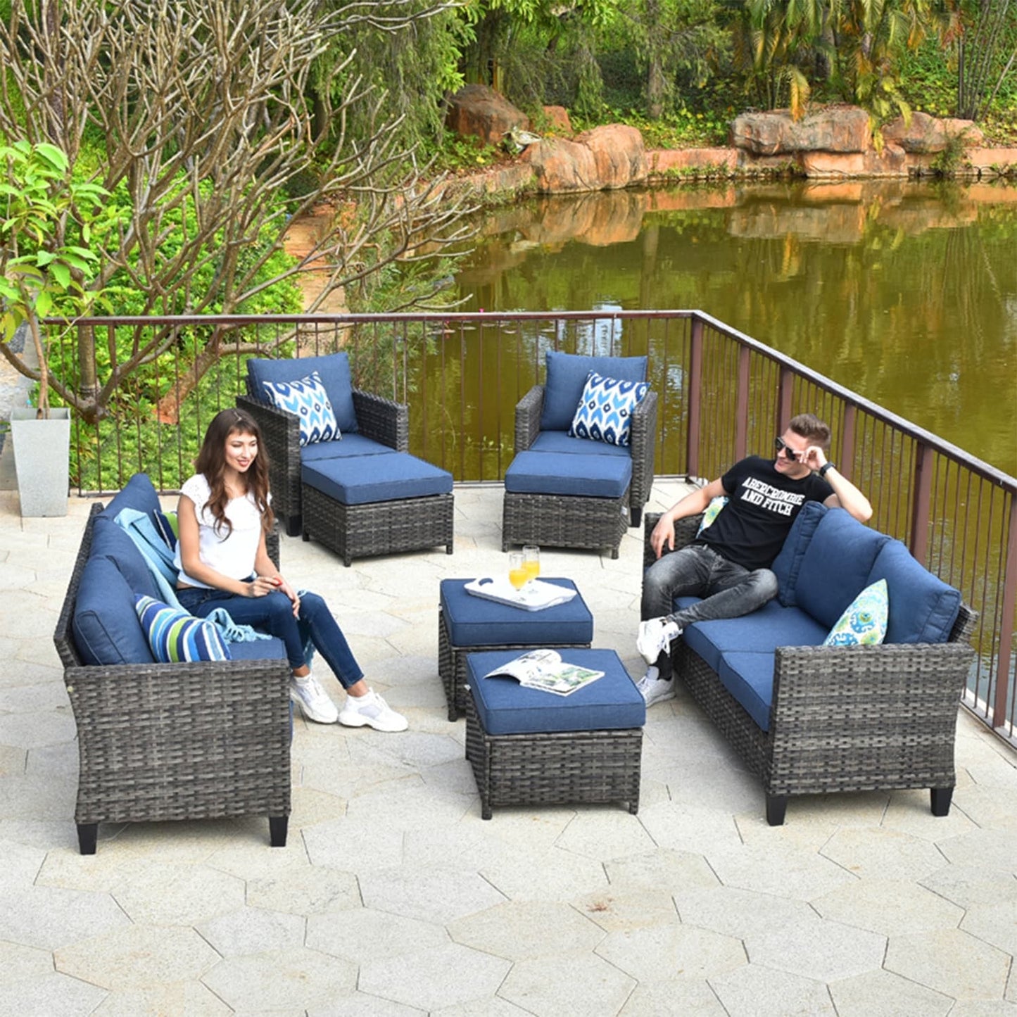 Set di mobili componibili da esterno con schienale alto in vimini da 8 pezzi OVIOS