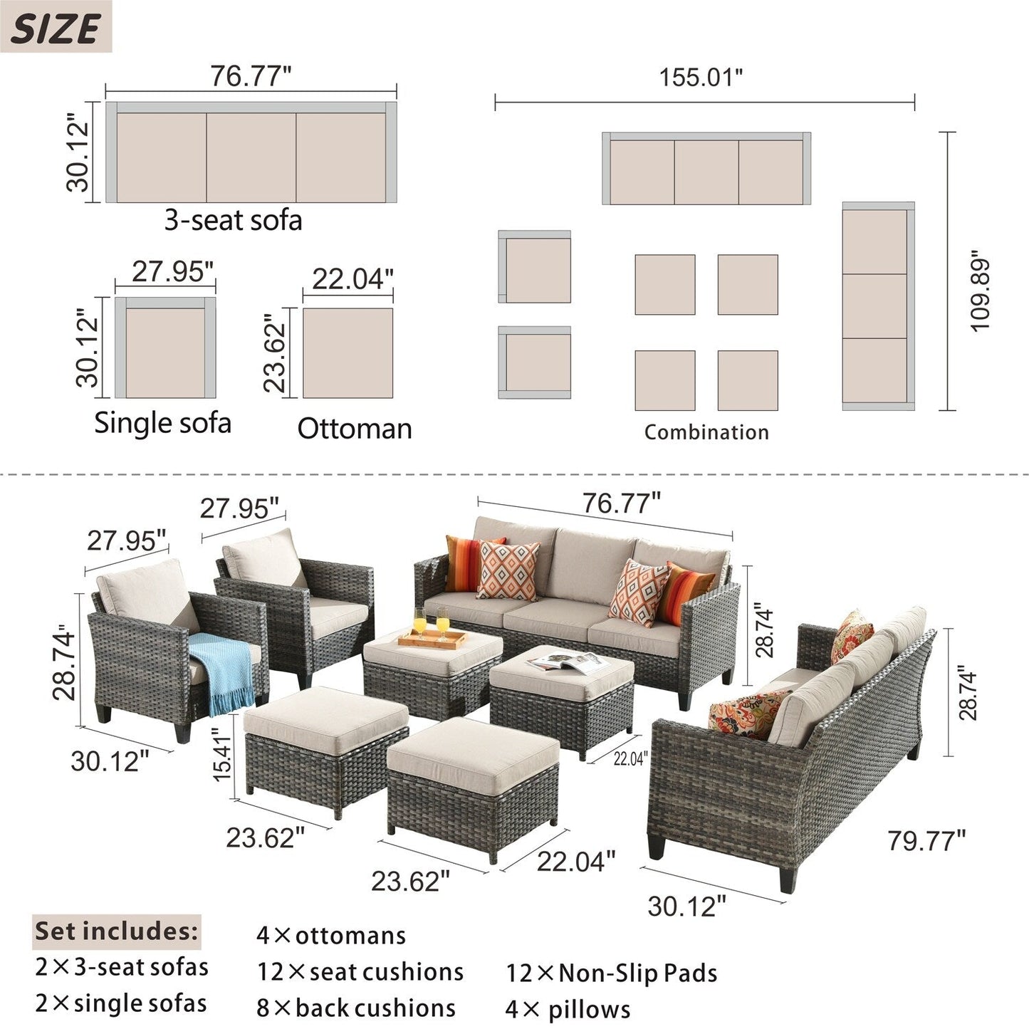 Set di mobili componibili da esterno con schienale alto in vimini da 8 pezzi OVIOS