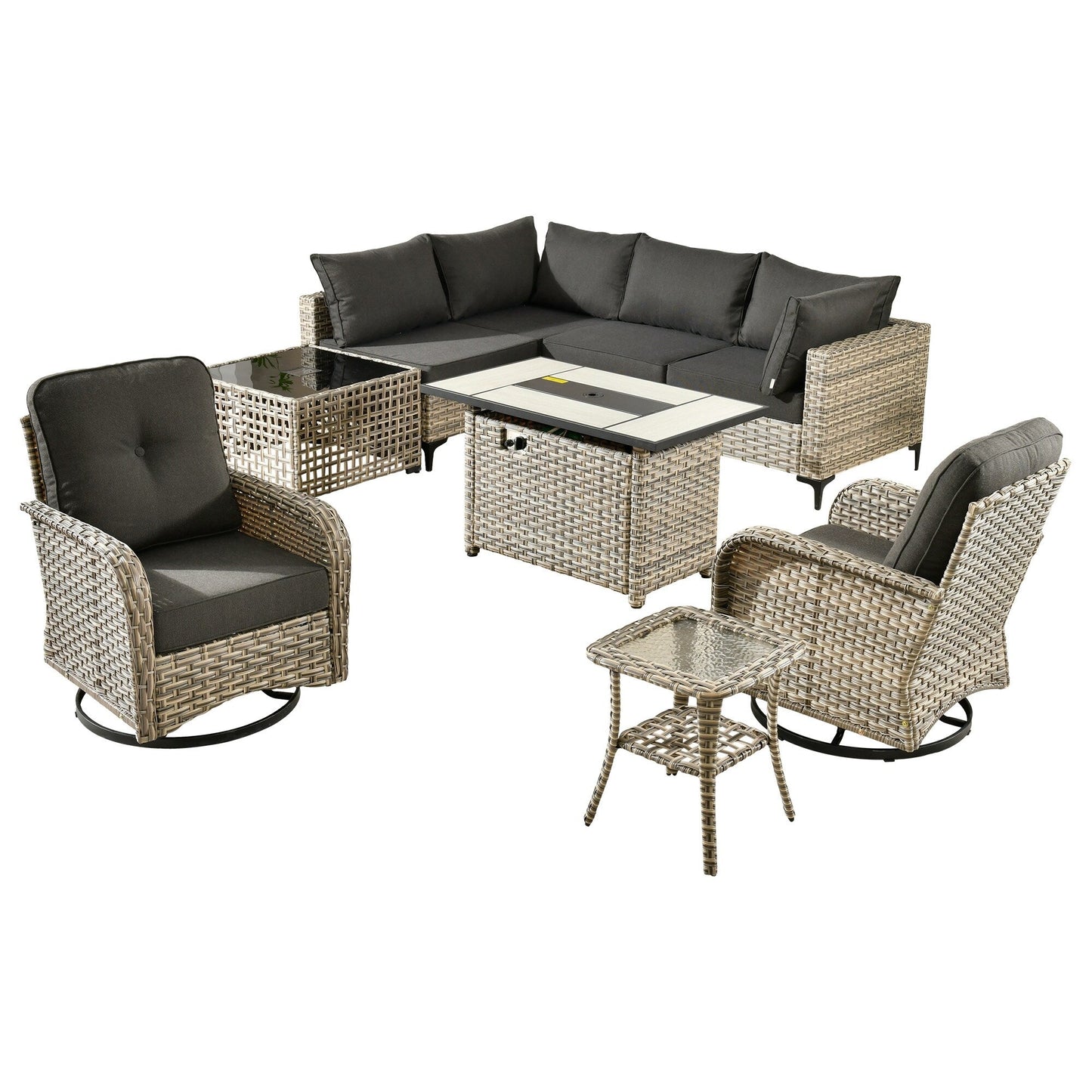 Set di 9 sedie girevoli in vimini per esterni OVIOS con tavolo da fuoco