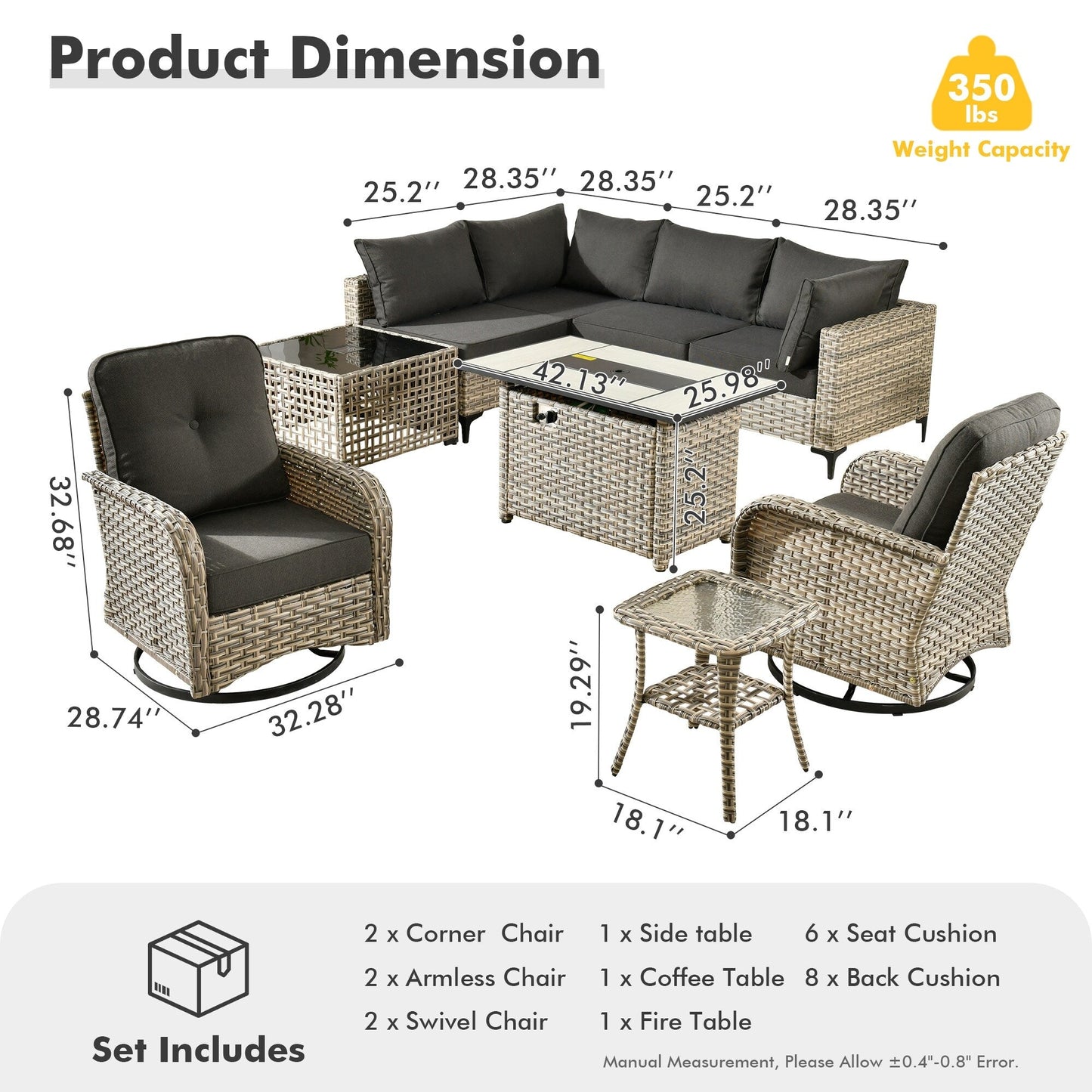 Set di 9 sedie girevoli in vimini per esterni OVIOS con tavolo da fuoco