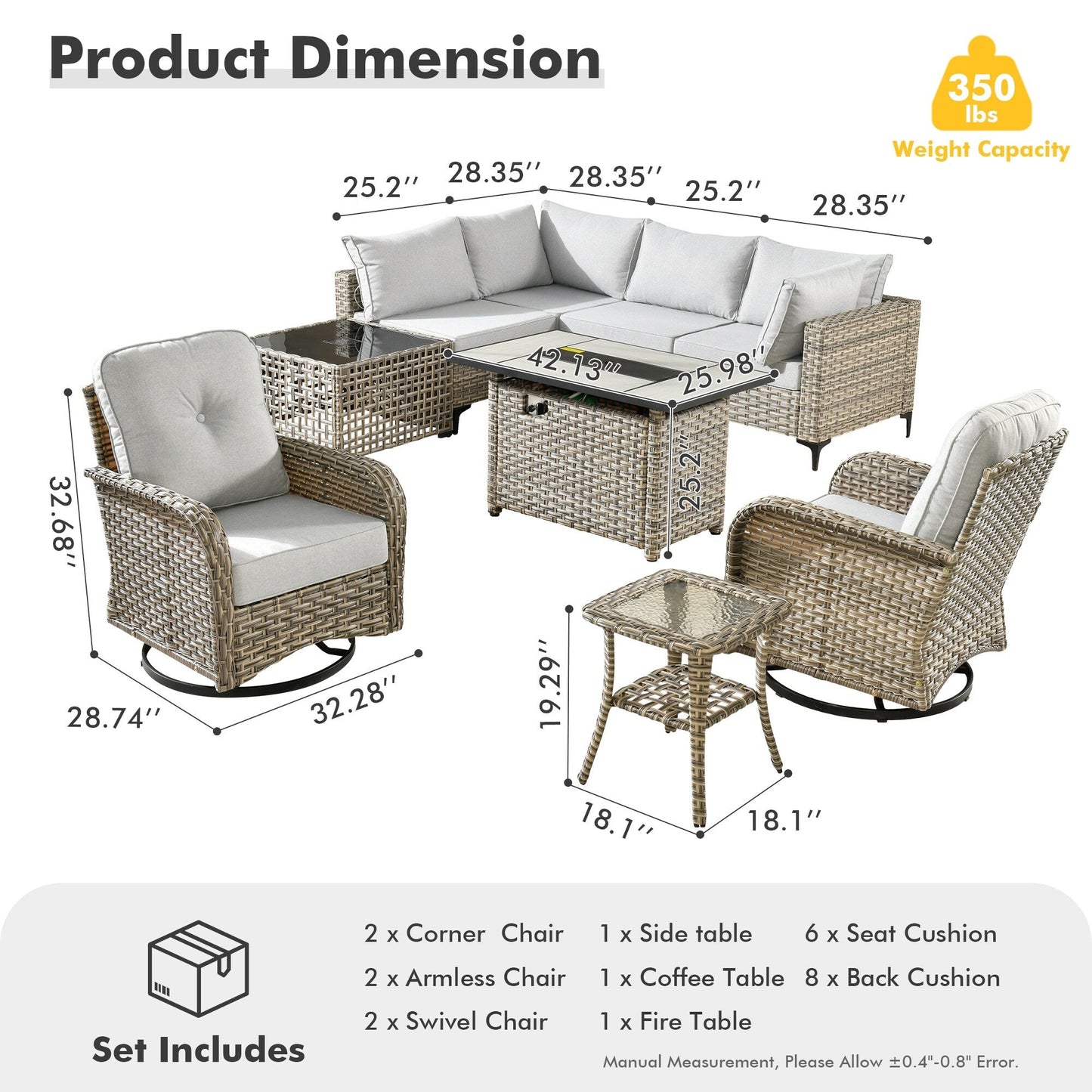 Set di 9 sedie girevoli in vimini per esterni OVIOS con tavolo da fuoco