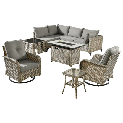 Set di 9 sedie girevoli in vimini per esterni OVIOS con tavolo da fuoco