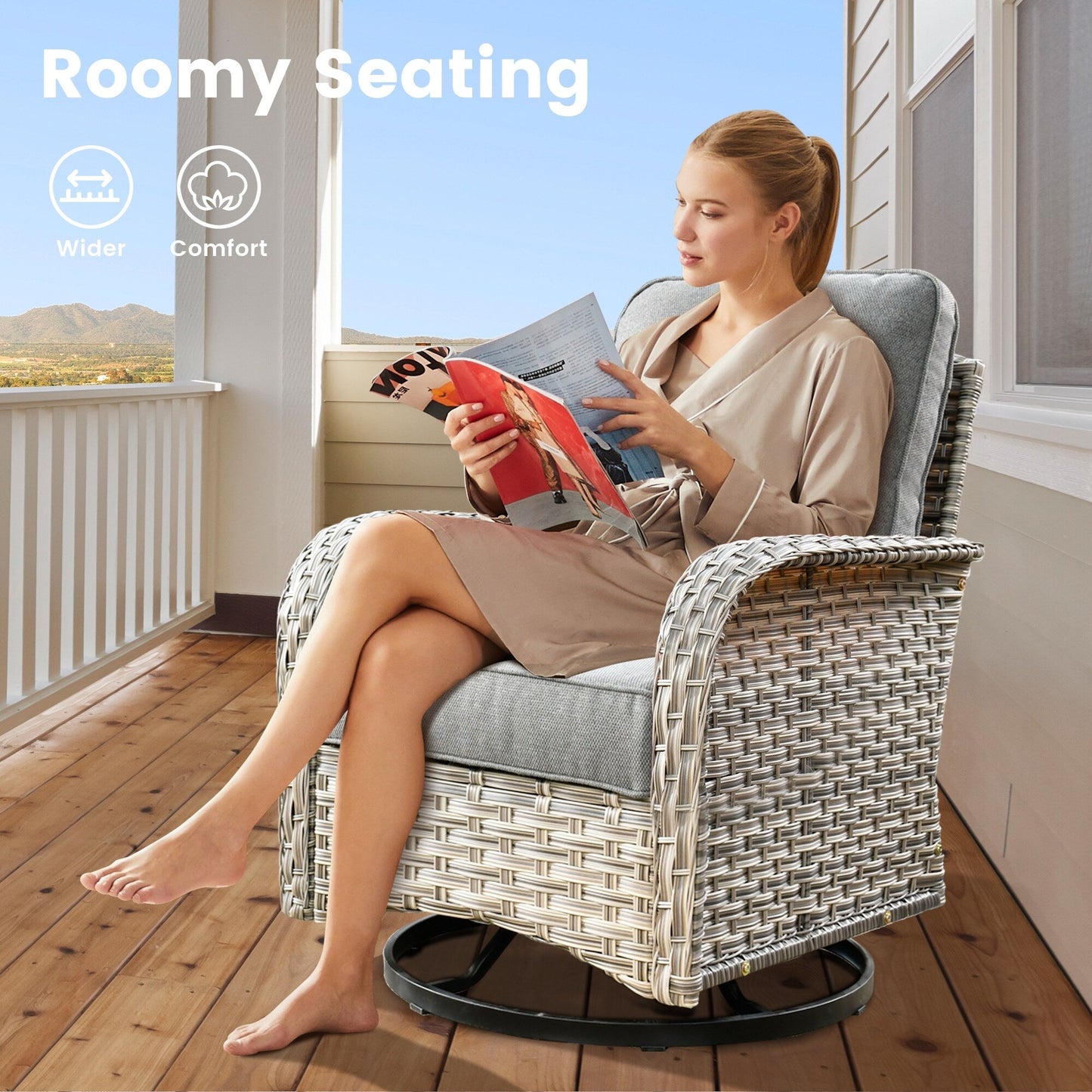 Set di 9 sedie girevoli in vimini per esterni OVIOS con tavolo da fuoco