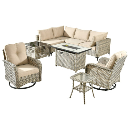 Set di 9 sedie girevoli in vimini per esterni OVIOS con tavolo da fuoco