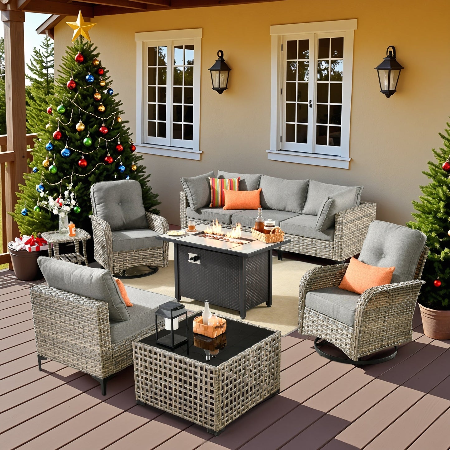 Set di 9 sedie girevoli in vimini per esterni OVIOS con tavolo da fuoco