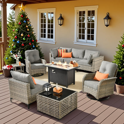 Set di 9 sedie girevoli in vimini per esterni OVIOS con tavolo da fuoco