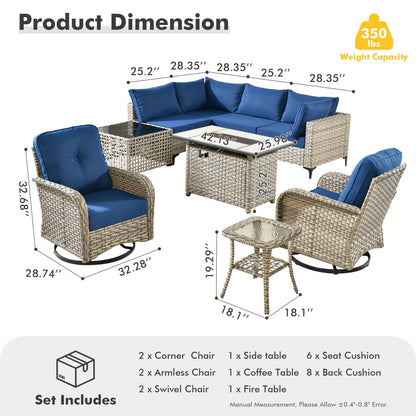 Set di 9 sedie girevoli in vimini per esterni OVIOS con tavolo da fuoco