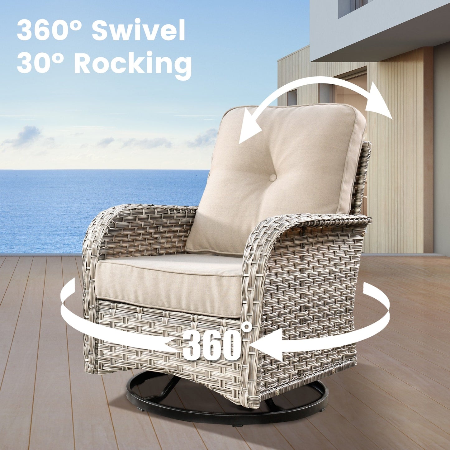 Set di 9 sedie girevoli in vimini per esterni OVIOS con tavolo da fuoco