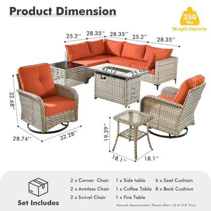 Set di 9 sedie girevoli in vimini per esterni OVIOS con tavolo da fuoco