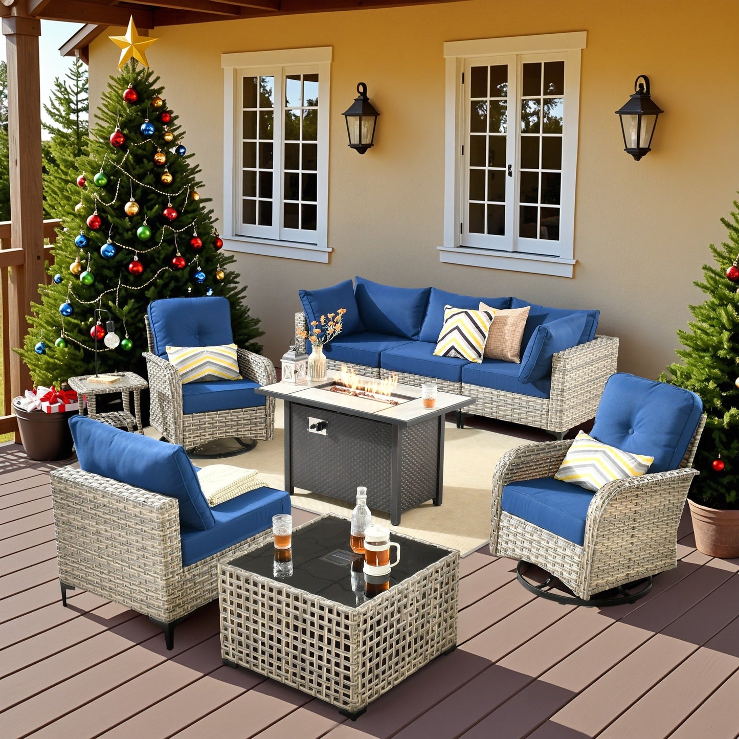 Set di 9 sedie girevoli in vimini per esterni OVIOS con tavolo da fuoco