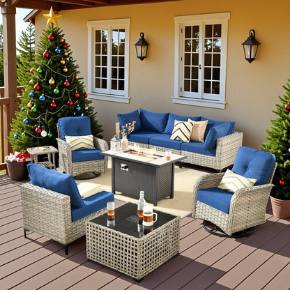 Set di 9 sedie girevoli in vimini per esterni OVIOS con tavolo da fuoco