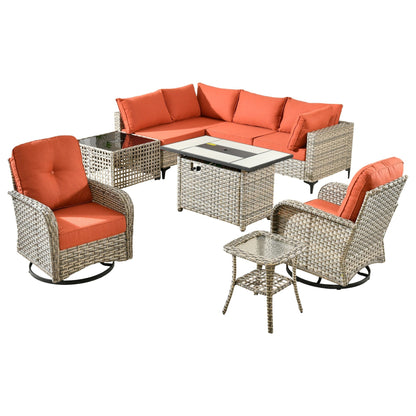 Set di 9 sedie girevoli in vimini per esterni OVIOS con tavolo da fuoco