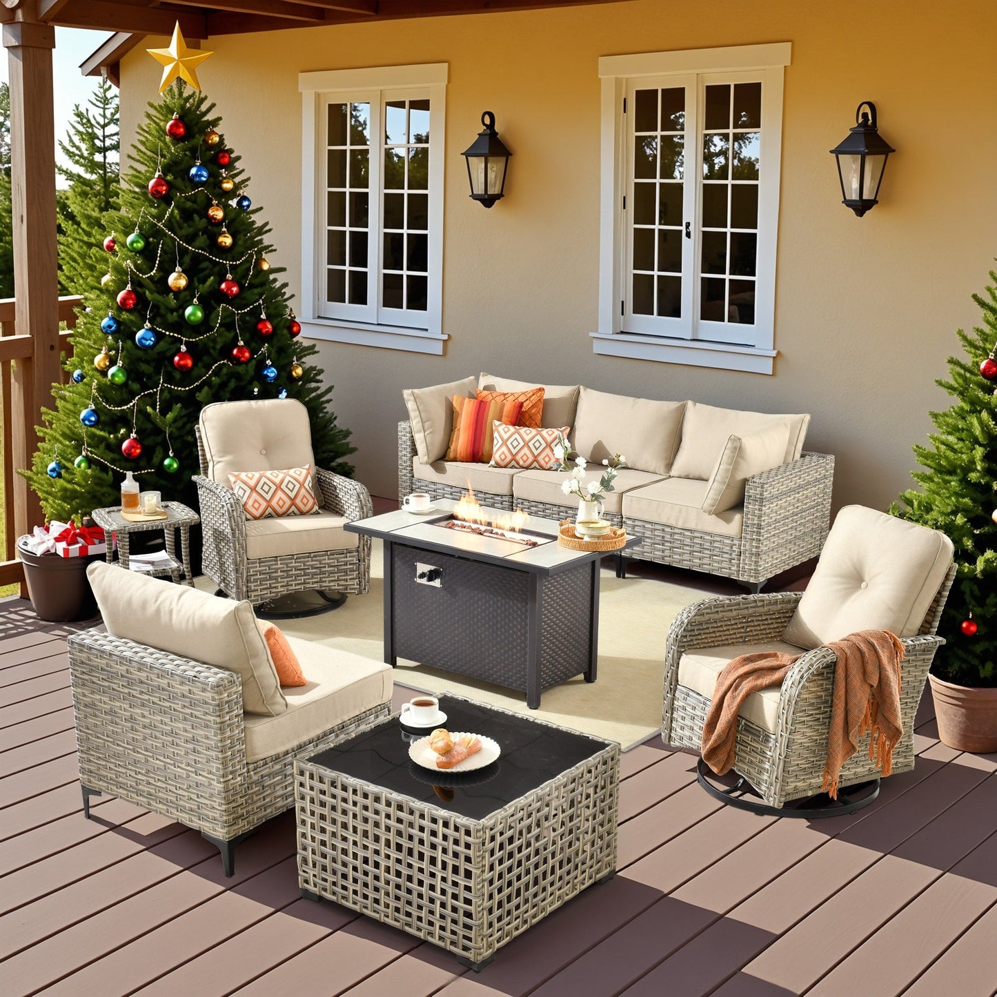 Set di 9 sedie girevoli in vimini per esterni OVIOS con tavolo da fuoco