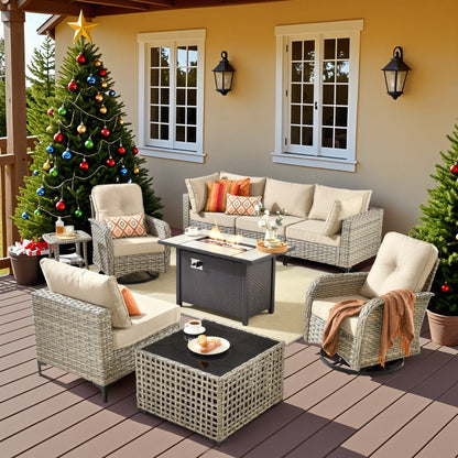 Set di 9 sedie girevoli in vimini per esterni OVIOS con tavolo da fuoco