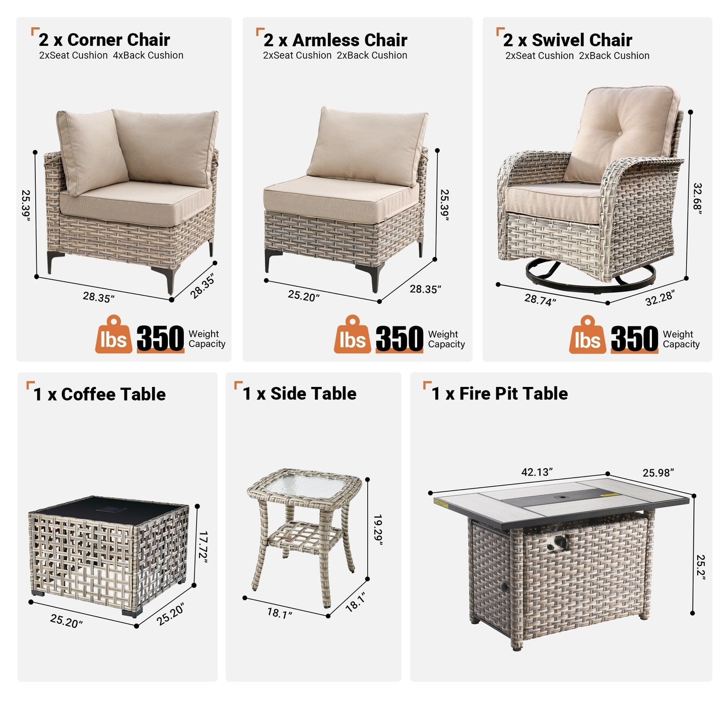 Set di 9 sedie girevoli in vimini per esterni OVIOS con tavolo da fuoco