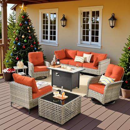 Set di 9 sedie girevoli in vimini per esterni OVIOS con tavolo da fuoco